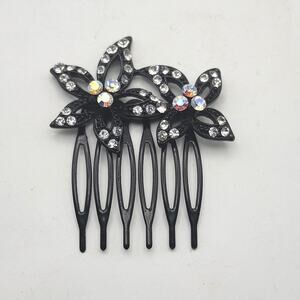Black Floral Rhinestone Hair Comb Iridescent Accent Decorative 6 Tooth Slide